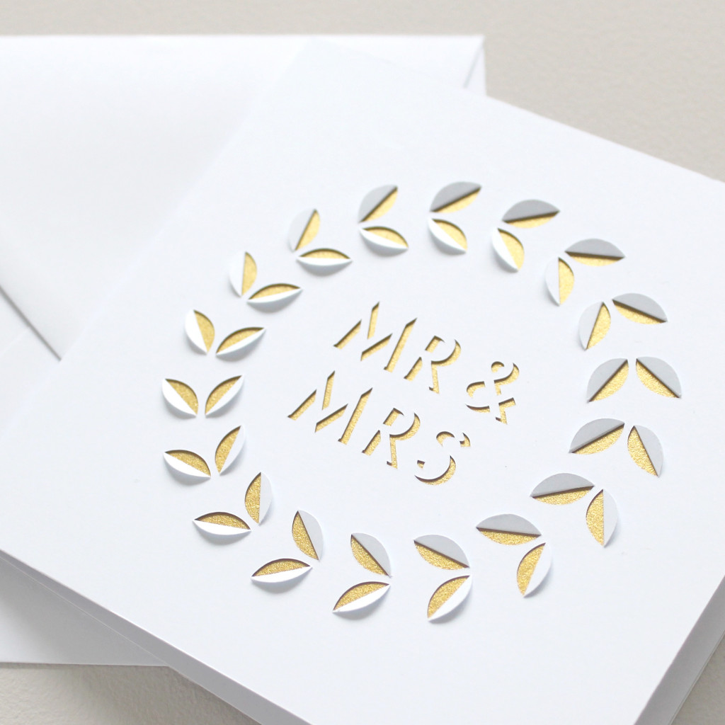 Minimal Mr & Mrs White and Gold Papercut Wedding Card
